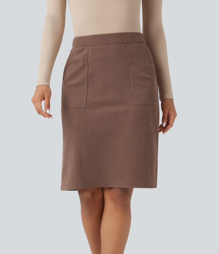 High Waisted  A-line Split Corduroy Casual Skirt with Pockets
