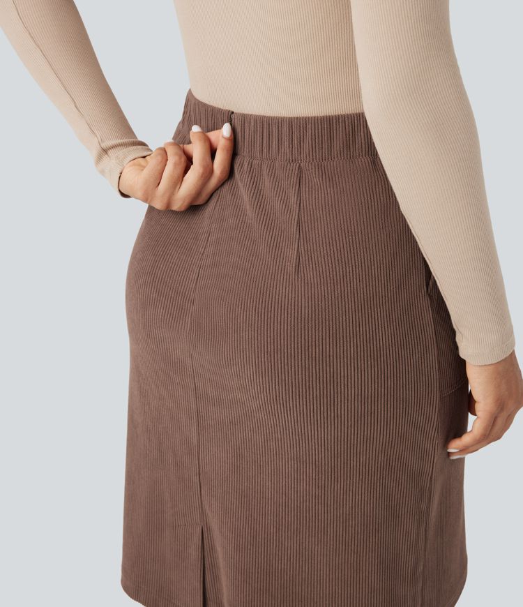 High Waisted  A-line Split Corduroy Casual Skirt with Pockets