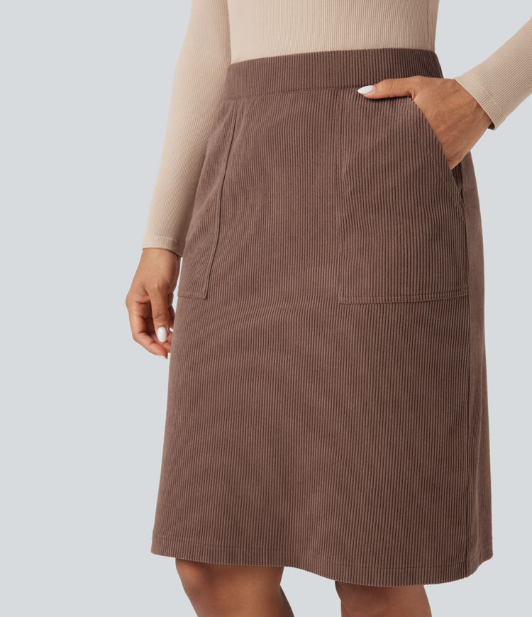 High Waisted  A-line Split Corduroy Casual Skirt with Pockets