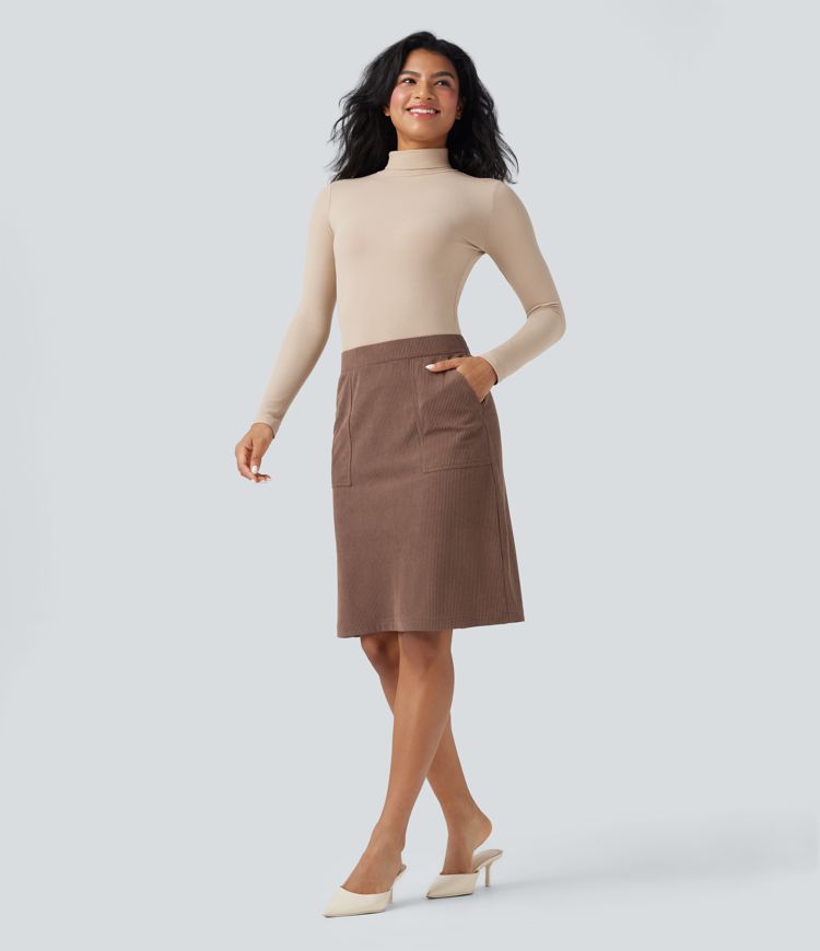 High Waisted  A-line Split Corduroy Casual Skirt with Pockets