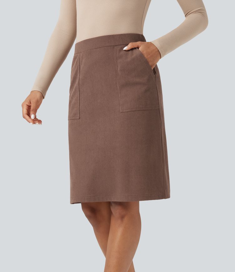 High Waisted  A-line Split Corduroy Casual Skirt with Pockets