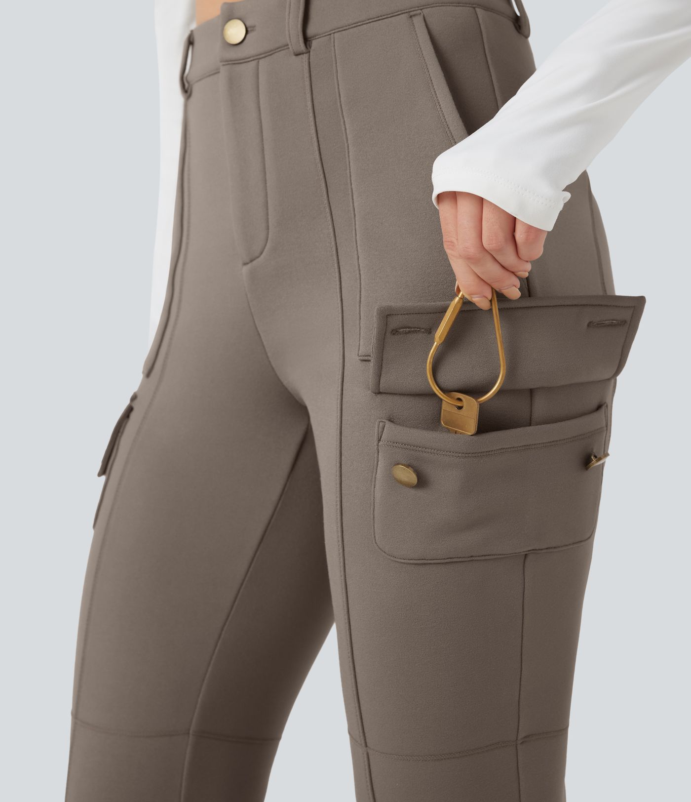 Calças de Caminhada Skinny de Lã Polar com Cintura Alta e Bolsos