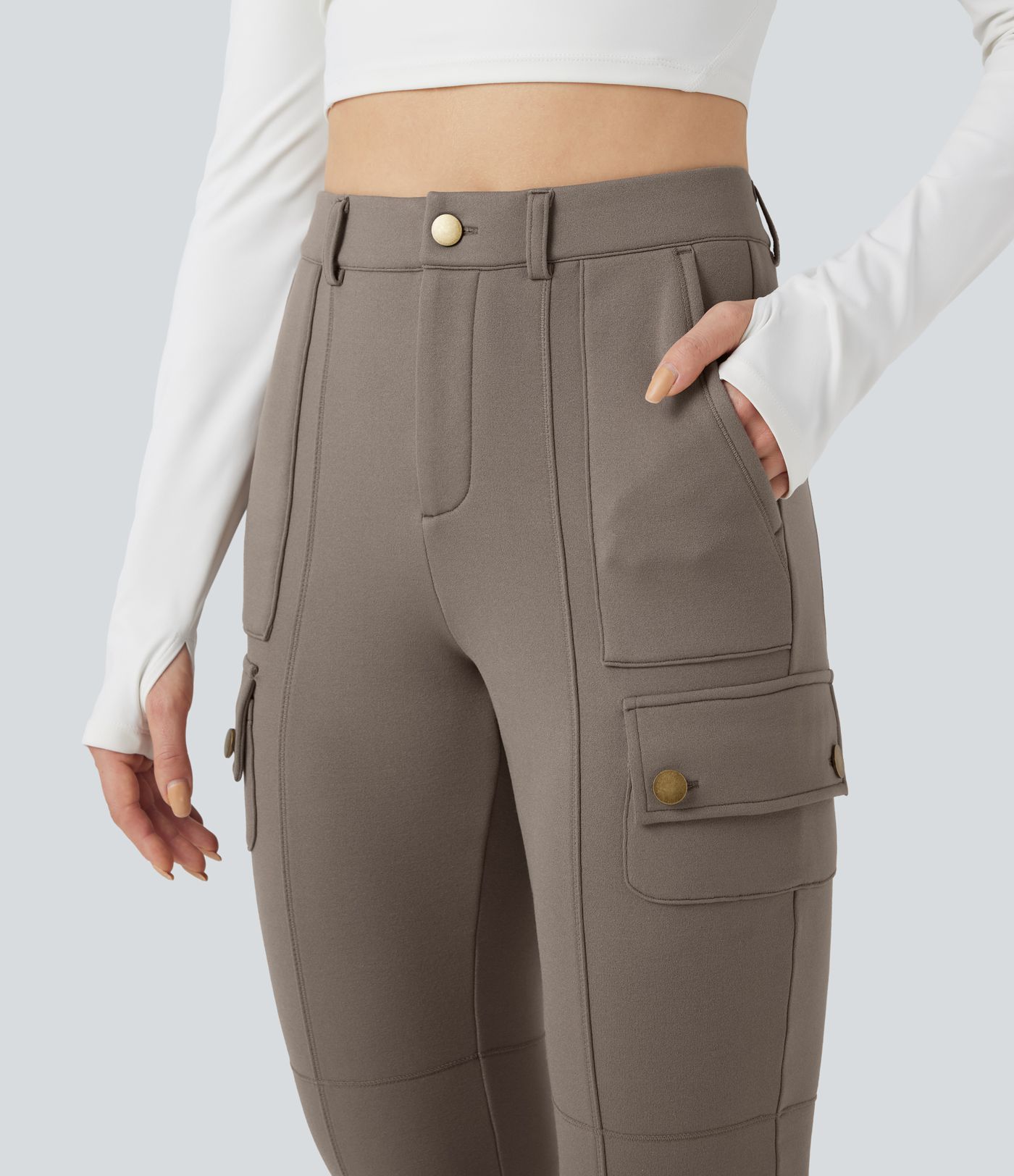 Calças de Caminhada Skinny de Lã Polar com Cintura Alta e Bolsos