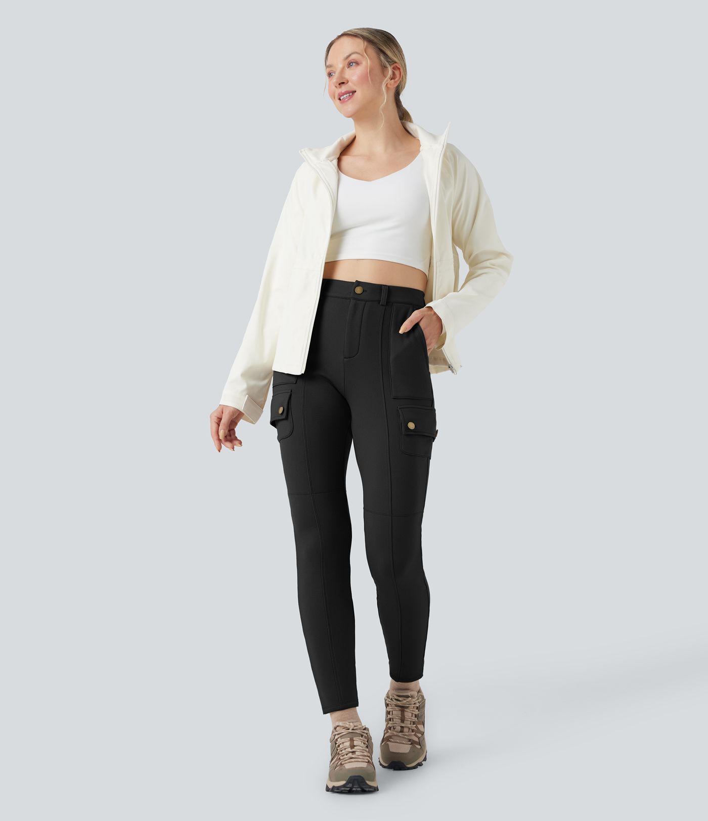 High Waisted Skinny Fleece Hiking Cargo Pants with Pockets