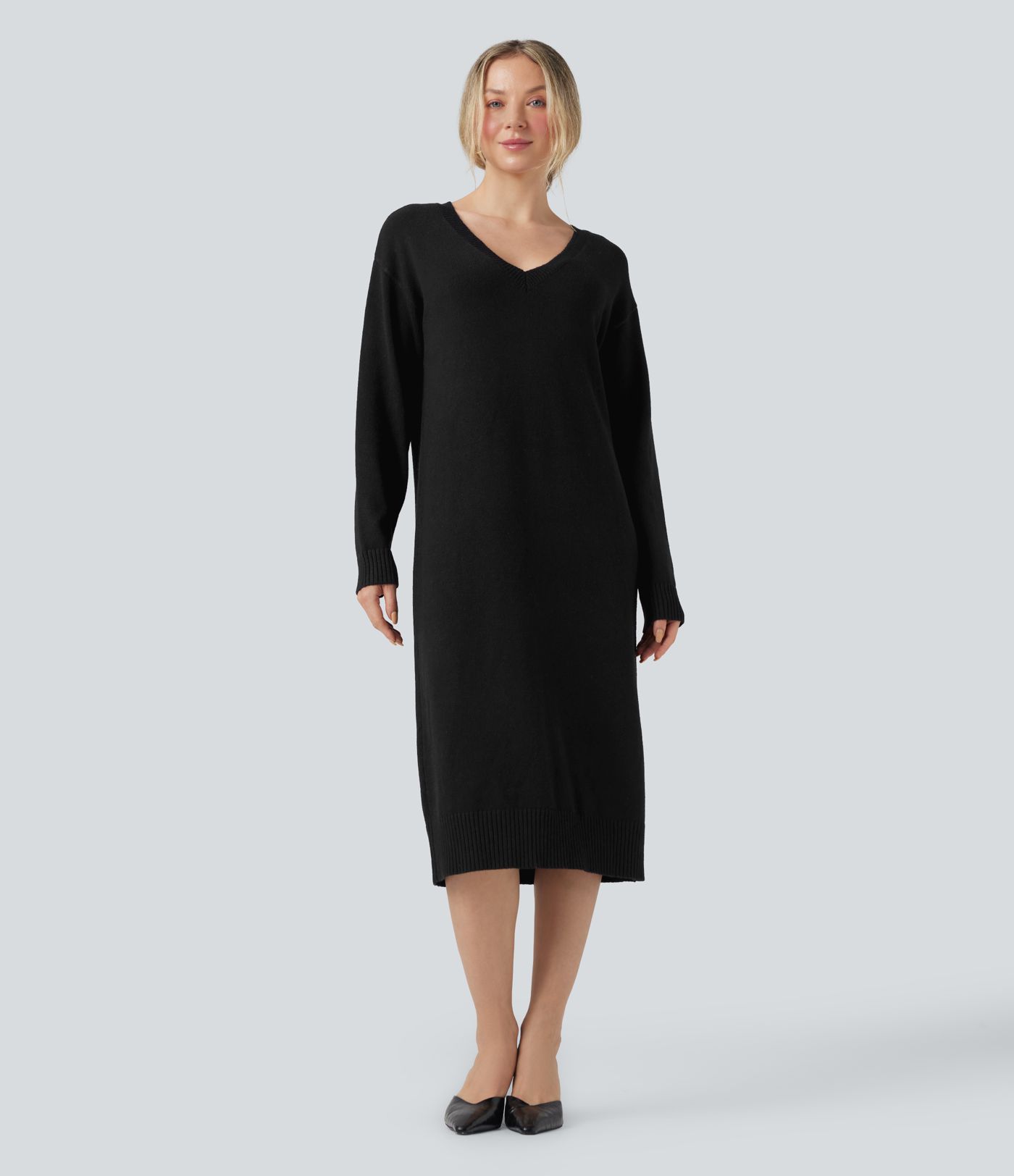 V-neck Long Sleeve Midi Wool-Blend Work Sweater Dress-Front and Back Wearable