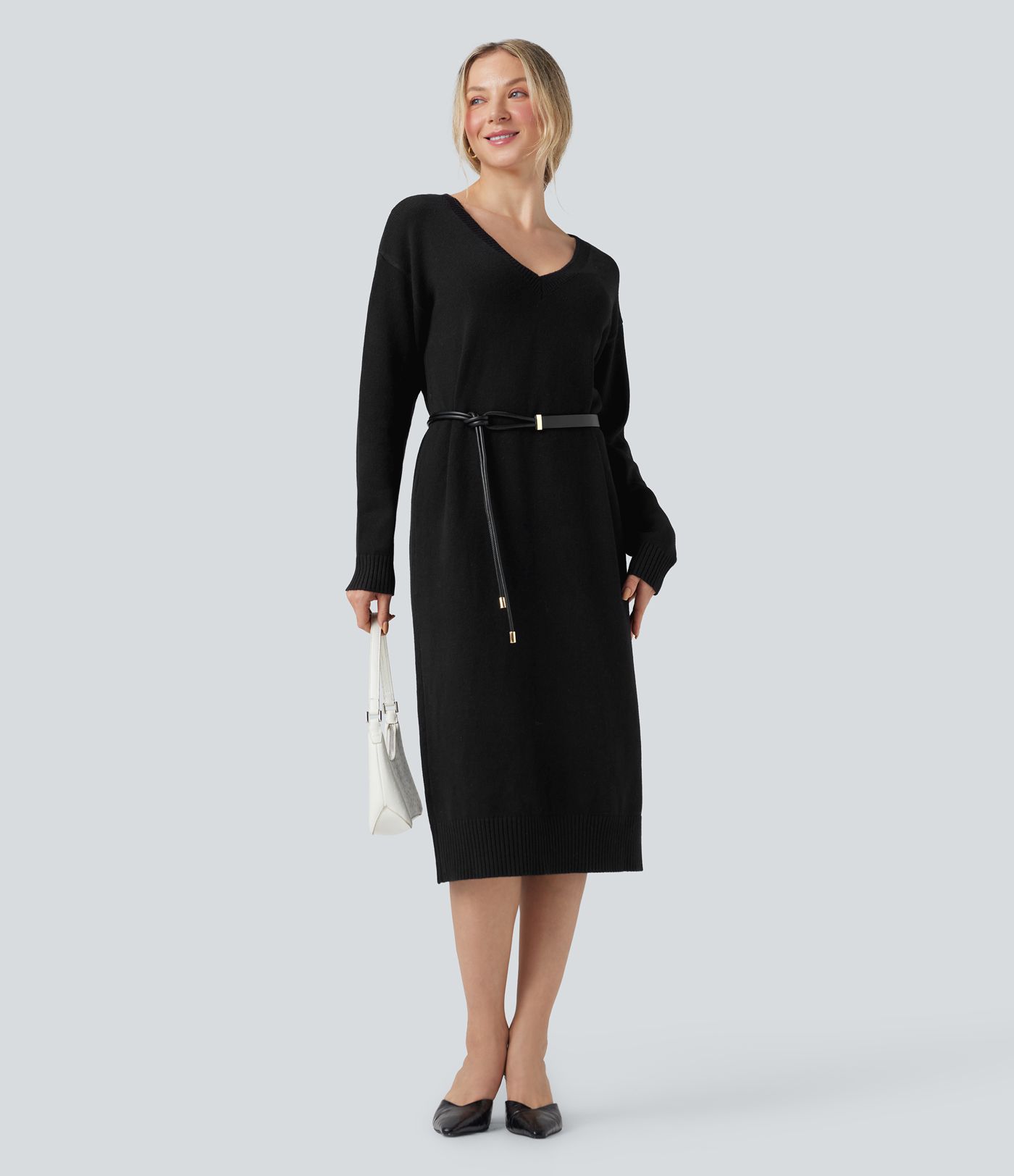 V-neck Long Sleeve Midi Wool-Blend Work Sweater Dress-Front and Back Wearable
