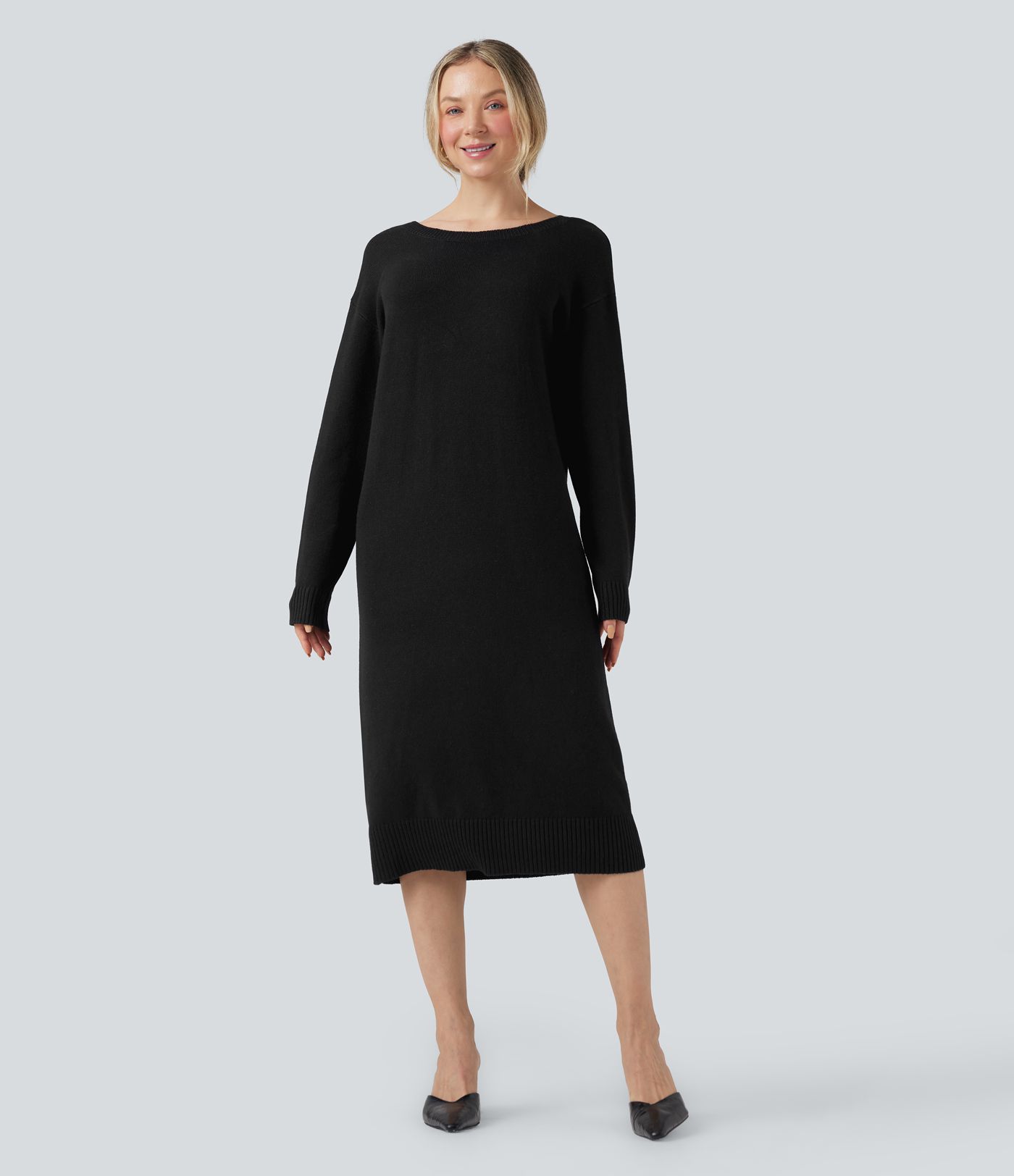 V-Ausschnitt Langarm Midi Wollmischung Arbeitspulloverkleid - Vorne und Hinten tragbar