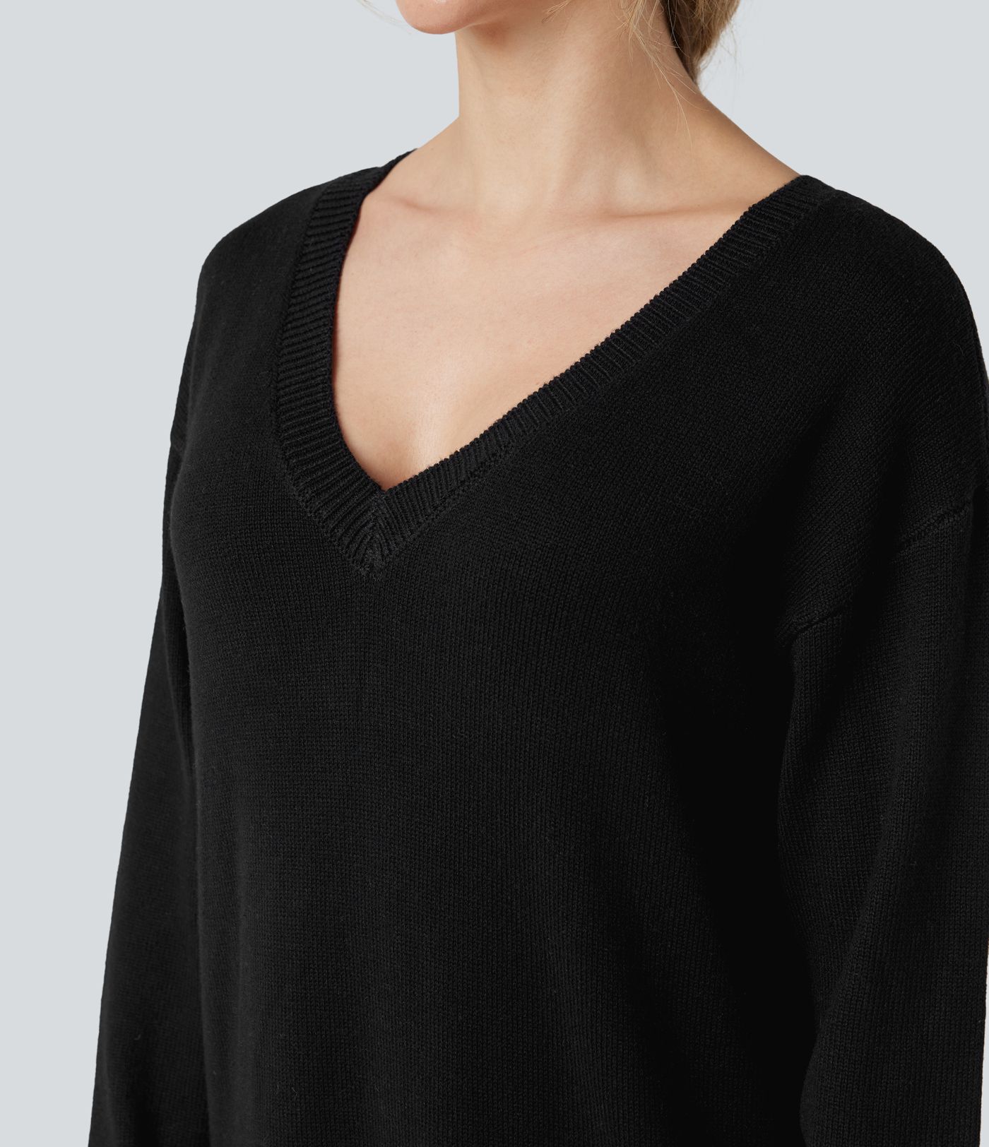 V-neck Long Sleeve Midi Wool-Blend Work Sweater Dress-Front and Back Wearable