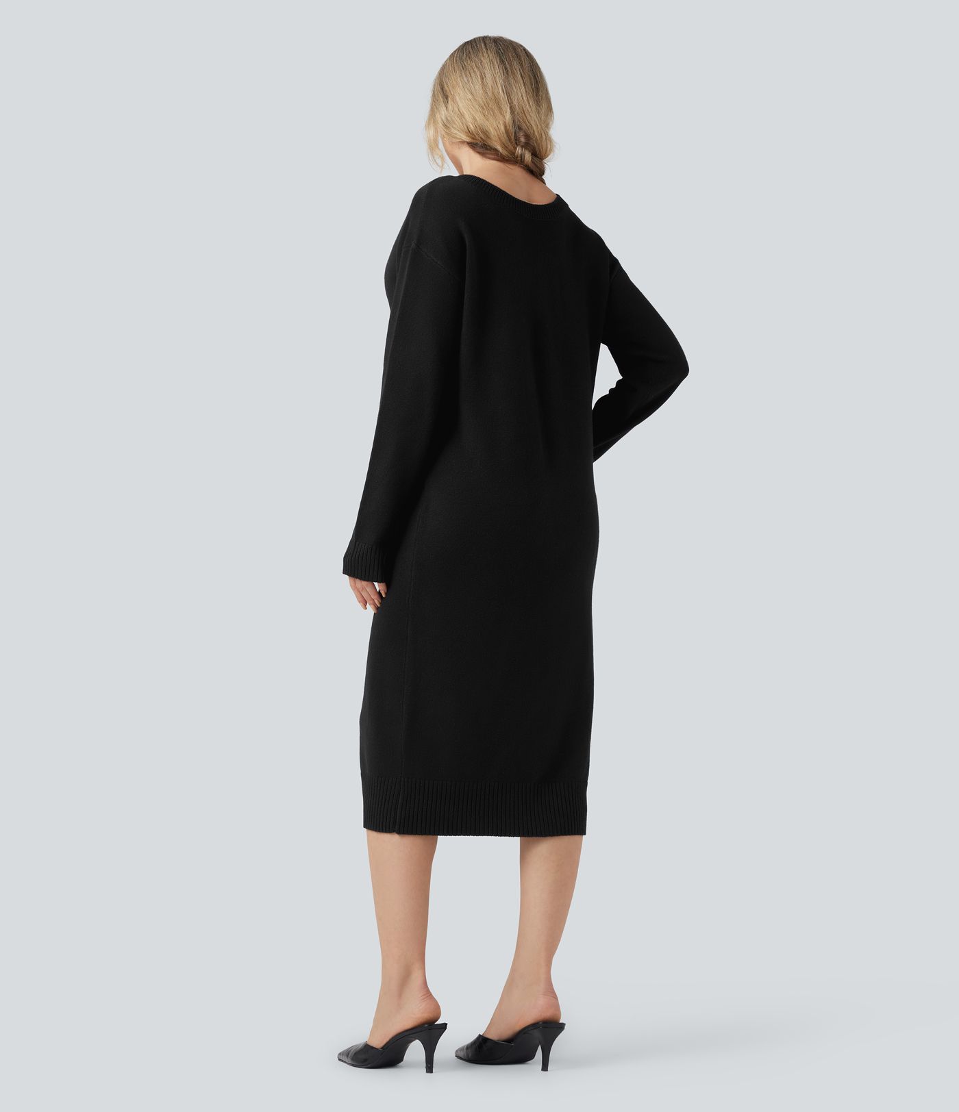 V-neck Long Sleeve Midi Wool-Blend Work Sweater Dress-Front and Back Wearable