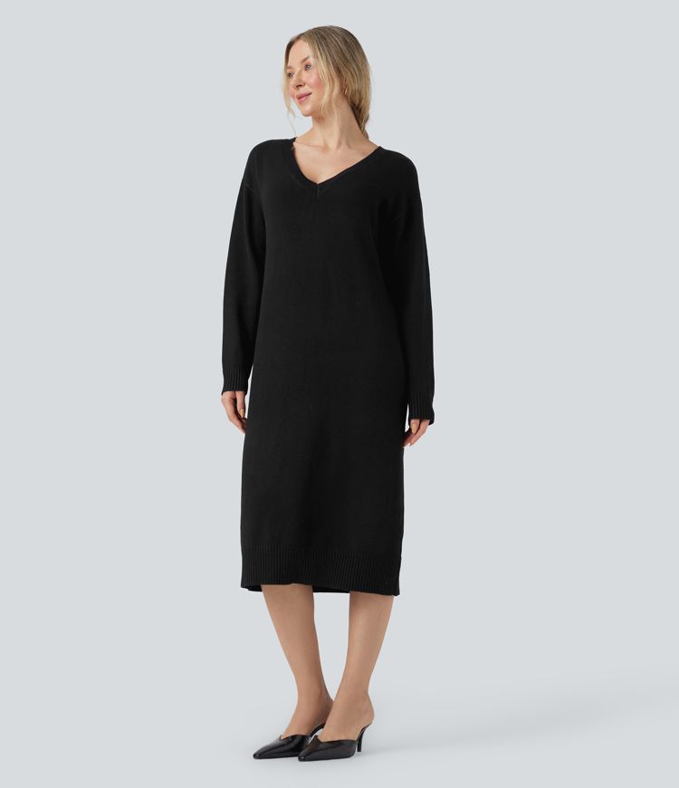 Robe pull laine mélangée col V manches longues mi-longue - réversible devant et dos