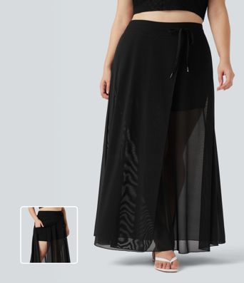 Plus Size High Waisted Drawstring Contrast Mesh 2-in-1 Flowy Maxi Skirt with Pockets