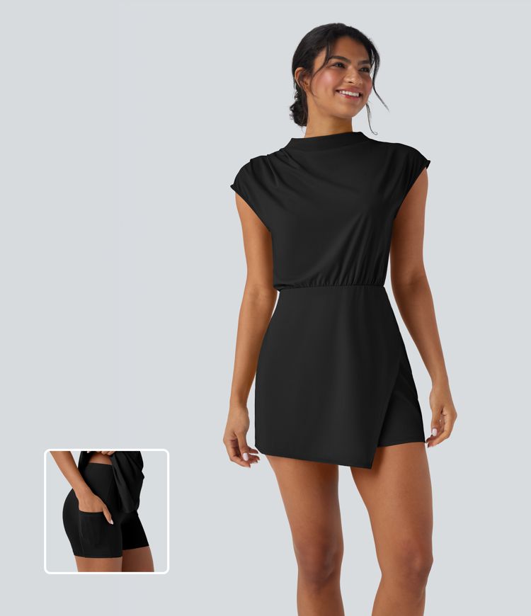 Stand Collar Cap Sleeve Quick Dry 2-Piece Mini Work Dress with Pocket-UPF40+