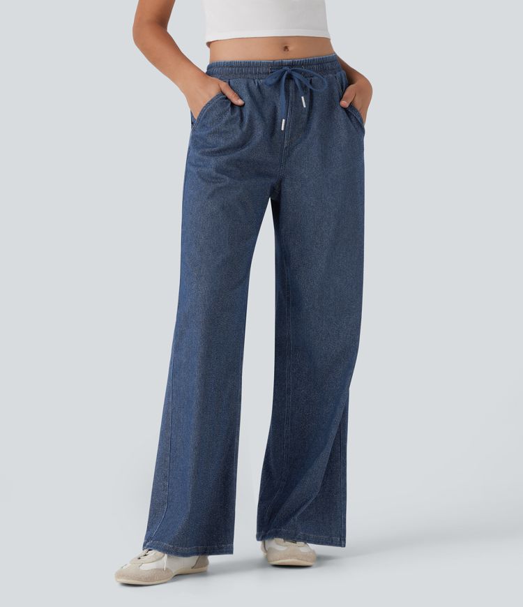 Halara Flex™ Low Rise Drawstring Wide Leg Metallic Casual Jeans with Pockets
