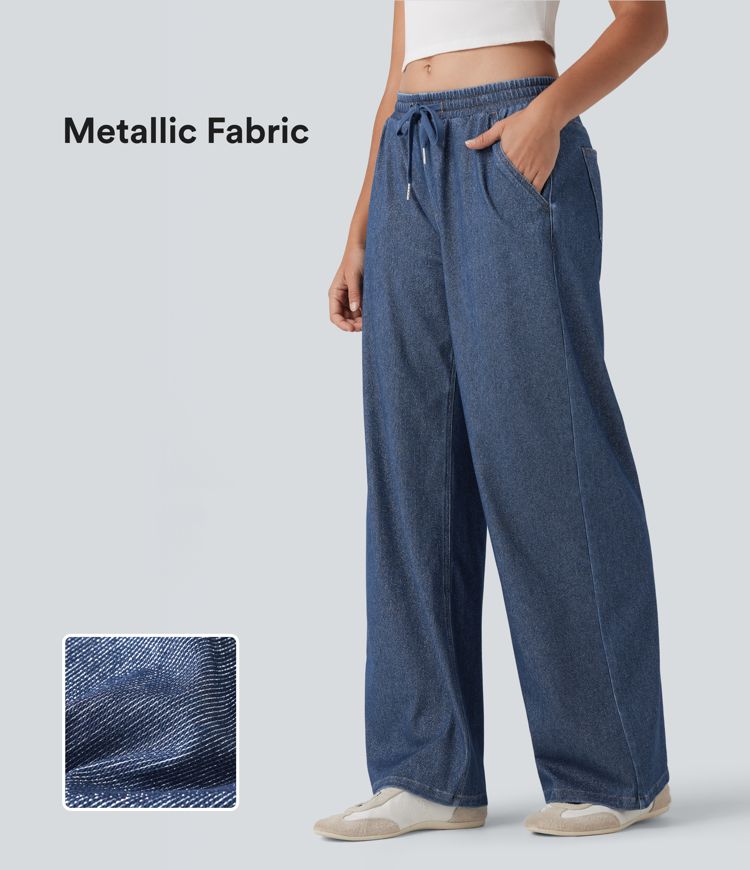 Halara Flex™ Low Rise Drawstring Wide Leg Metallic Casual Jeans with Pockets