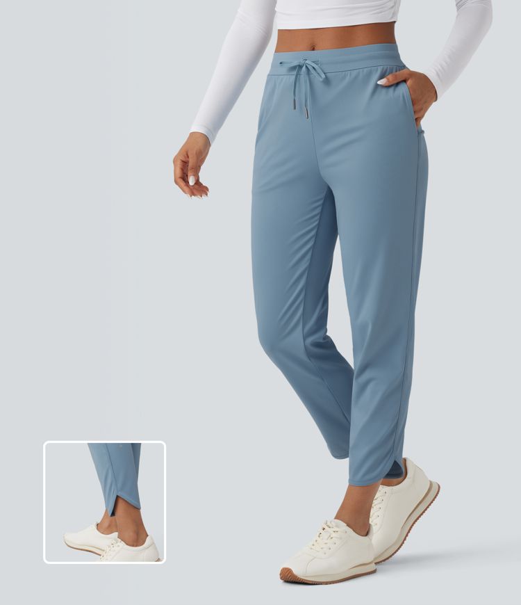 Mid Rise Drawstring Curved Hem Quick Dry Golf Tapered Pants with Pockets-UPF40+