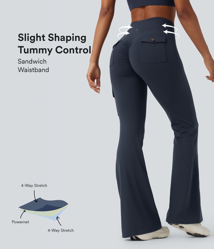 SoCinched High Waisted Tummy Control Ruched Workout Flare Trousers with Pockets