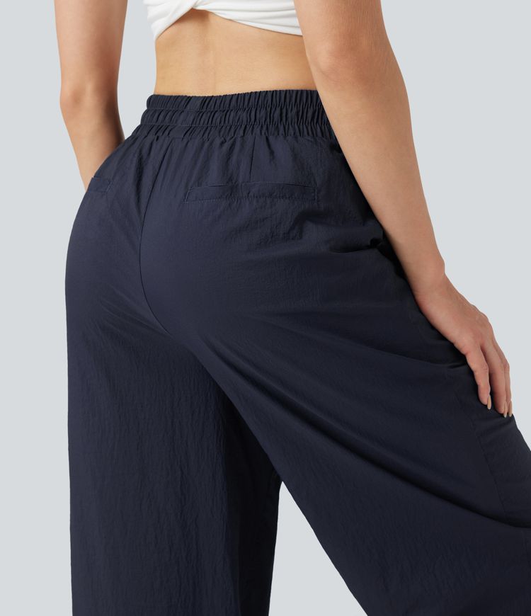 Lightweight Durable Water Repellent High Waisted Drawstring Split Wide Leg Yoga Pants with Pockets