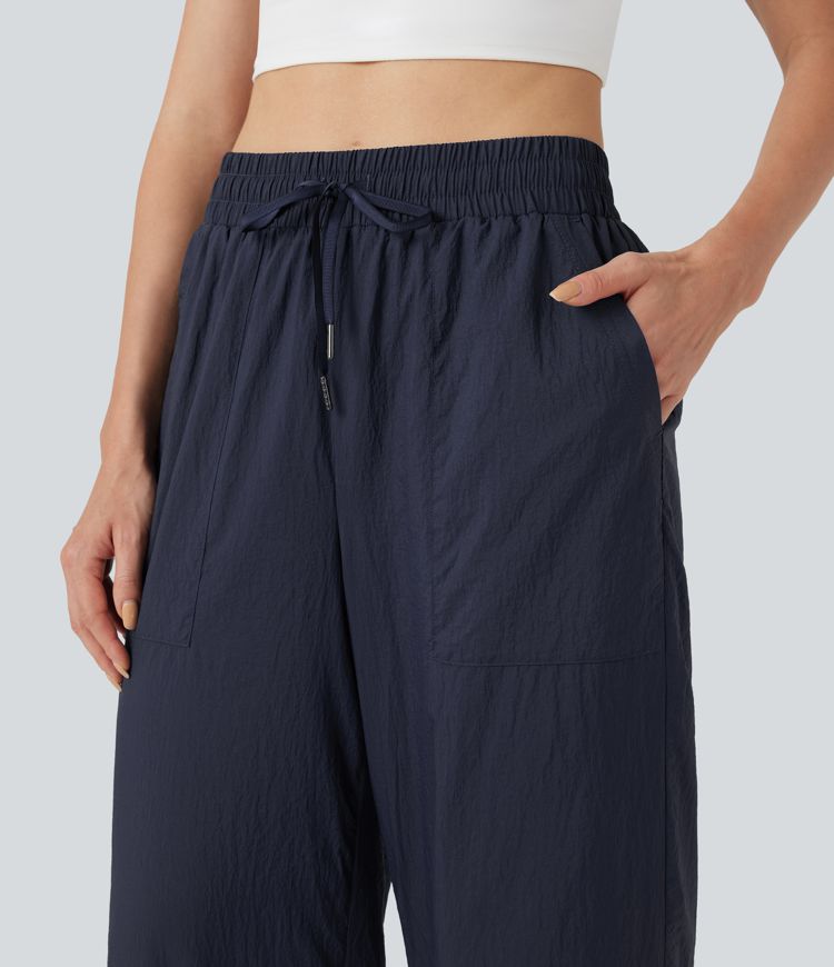 Lightweight Durable Water Repellent High Waisted Drawstring Split Wide Leg Yoga Pants with Pockets