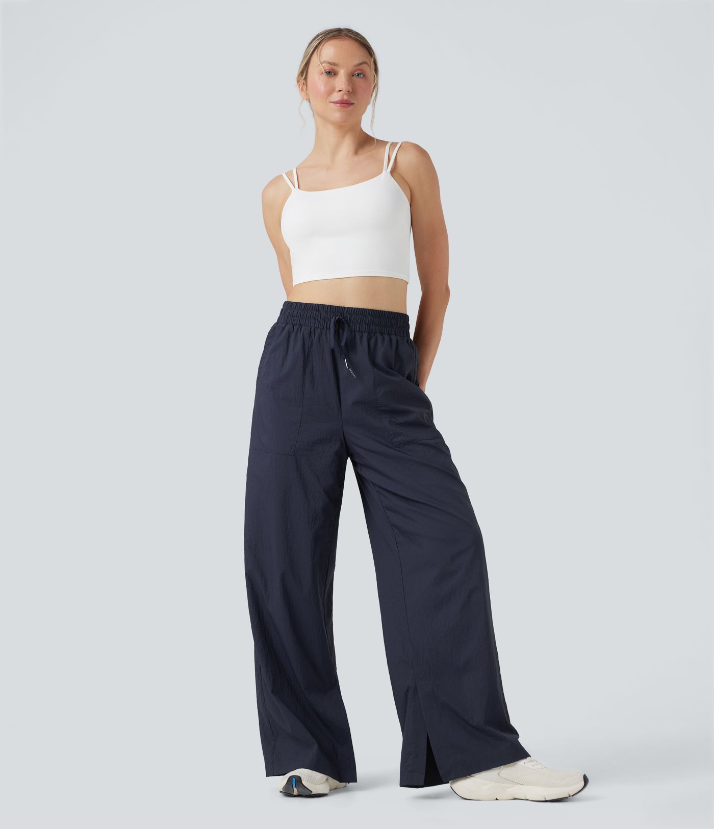 Lightweight Durable Water Repellent High Waisted Drawstring Split Wide Leg Yoga Trackpants with Pockets