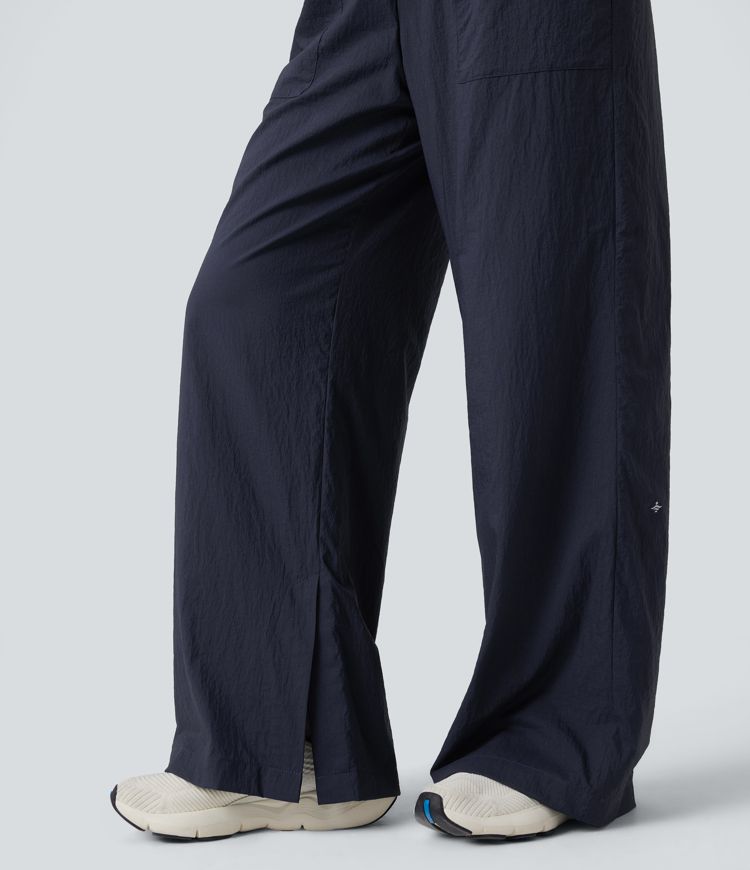 Lightweight Durable Water Repellent High Waisted Drawstring Split Wide Leg Yoga Pants with Pockets