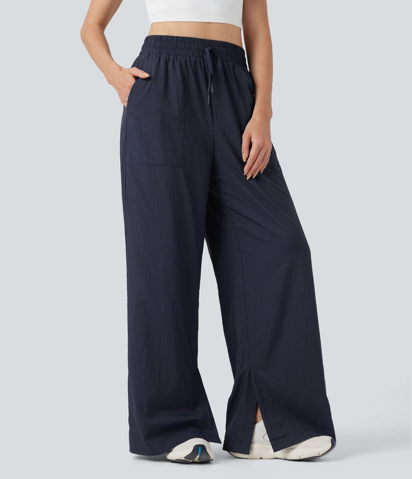 Lightweight Durable Water Repellent High Waisted Drawstring Split Wide Leg Yoga Trackpants with Pockets