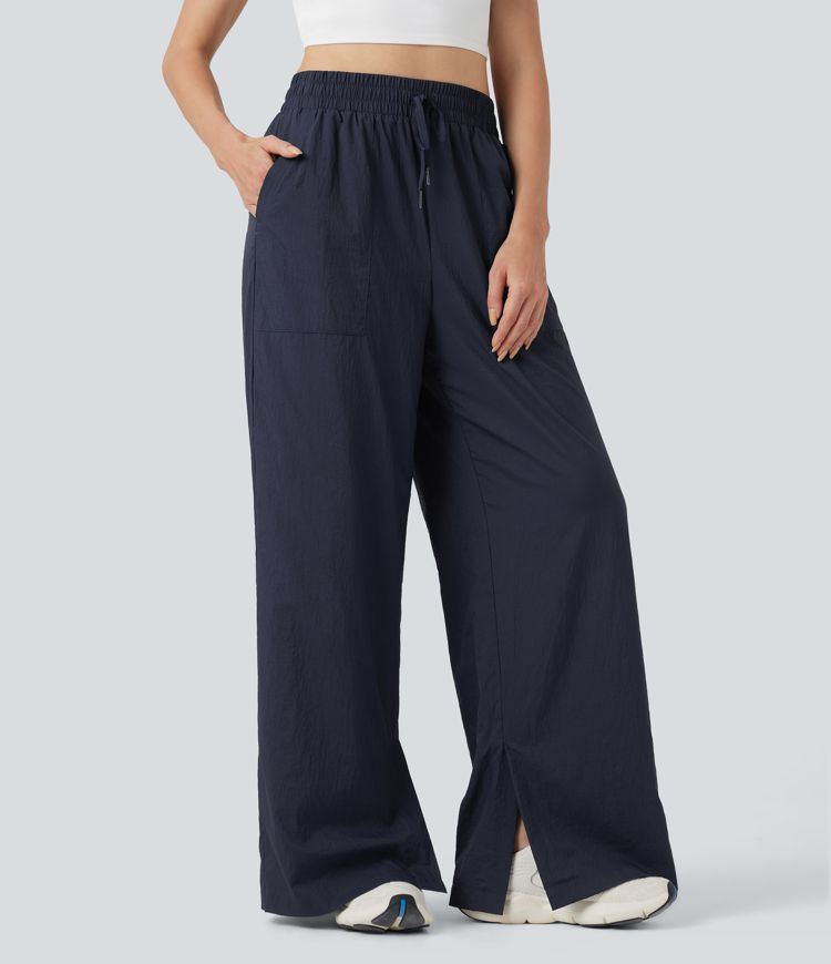 Lightweight Durable Water Repellent High Waisted Drawstring Split Wide Leg Yoga Pants with Pockets