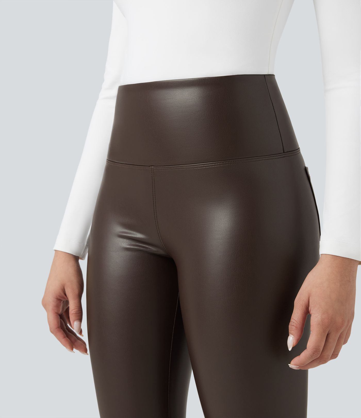 High Waisted Tummy Control Stretchy PU Fleece 7/8 Skinny Casual Leggings with Pockets