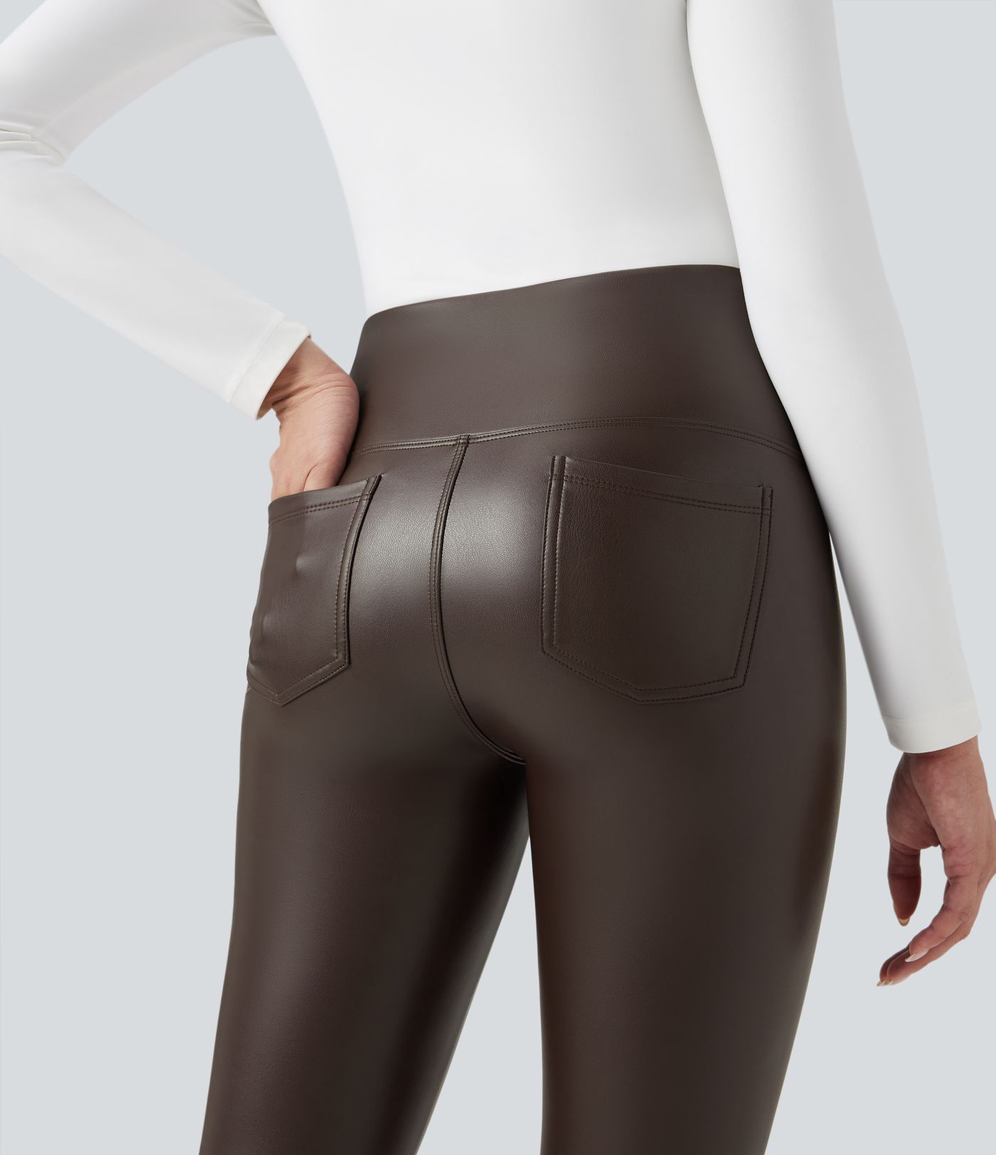 High Waisted Tummy Control Stretchy PU Fleece 7/8 Skinny Casual Leggings with Pockets