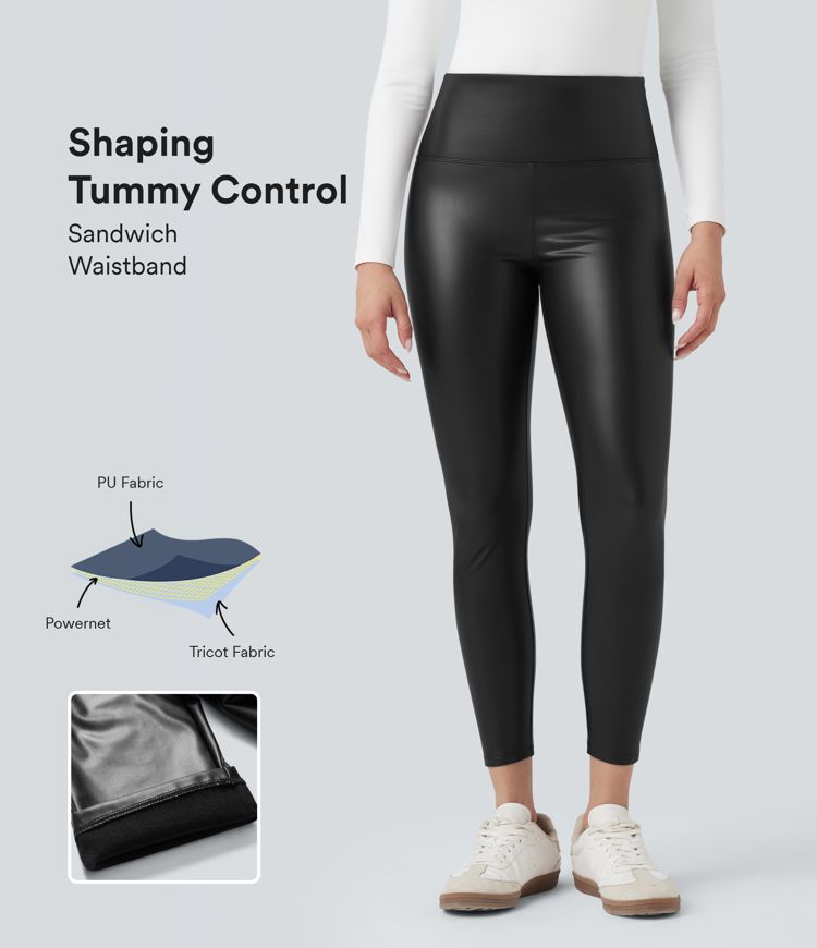 SoCinched High Waisted Tummy Control Stretchy PU Fleece 7/8 Skinny Casual Leggings with Pockets