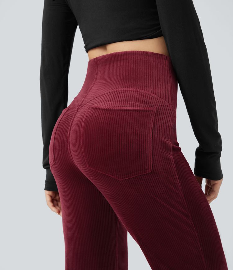 Pantalon évasé décontracté à taille haute avec contrôle du ventre et poches, en velours côtelé