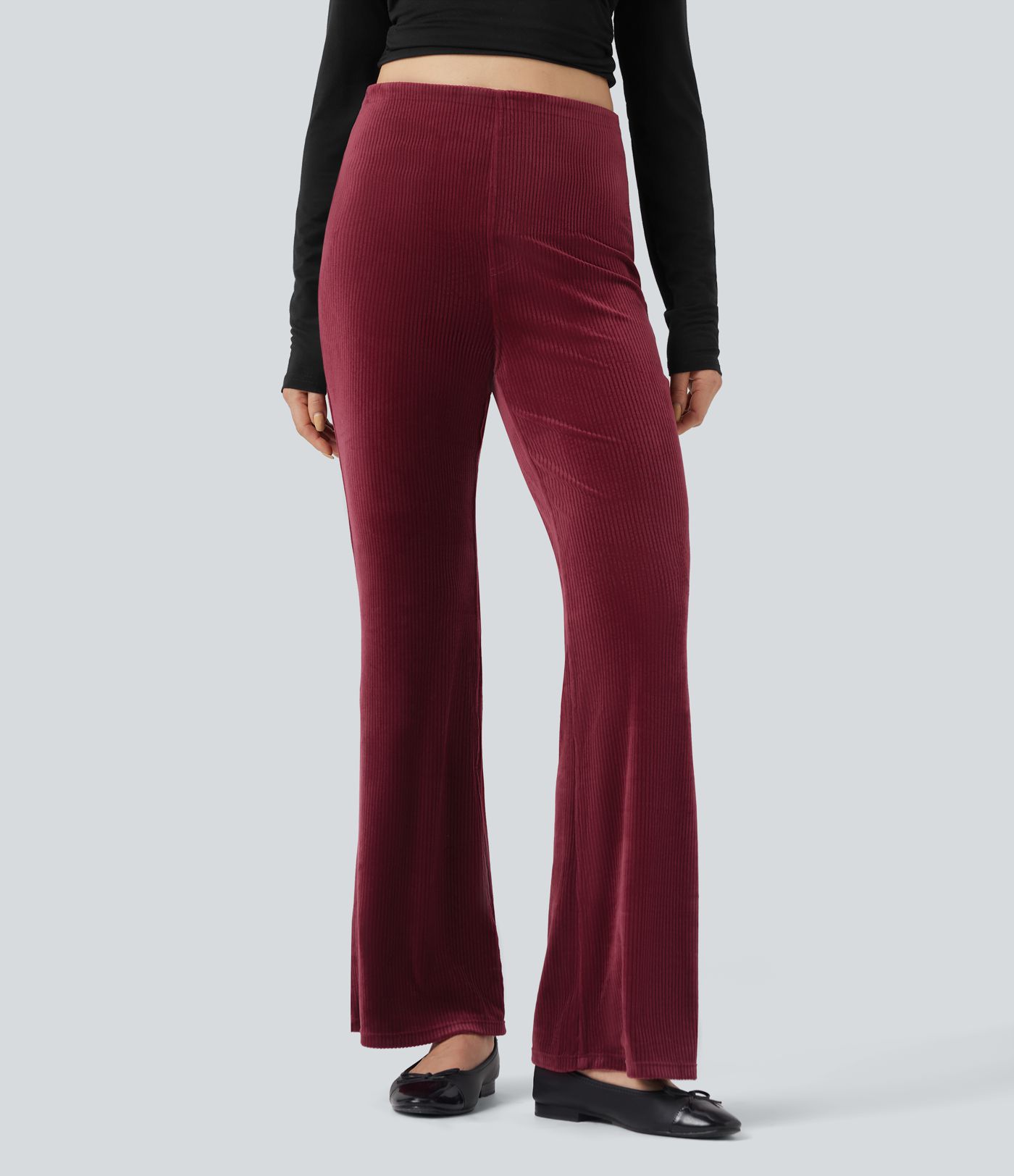 Pantalon évasé décontracté à taille haute avec contrôle du ventre et poches, en velours côtelé