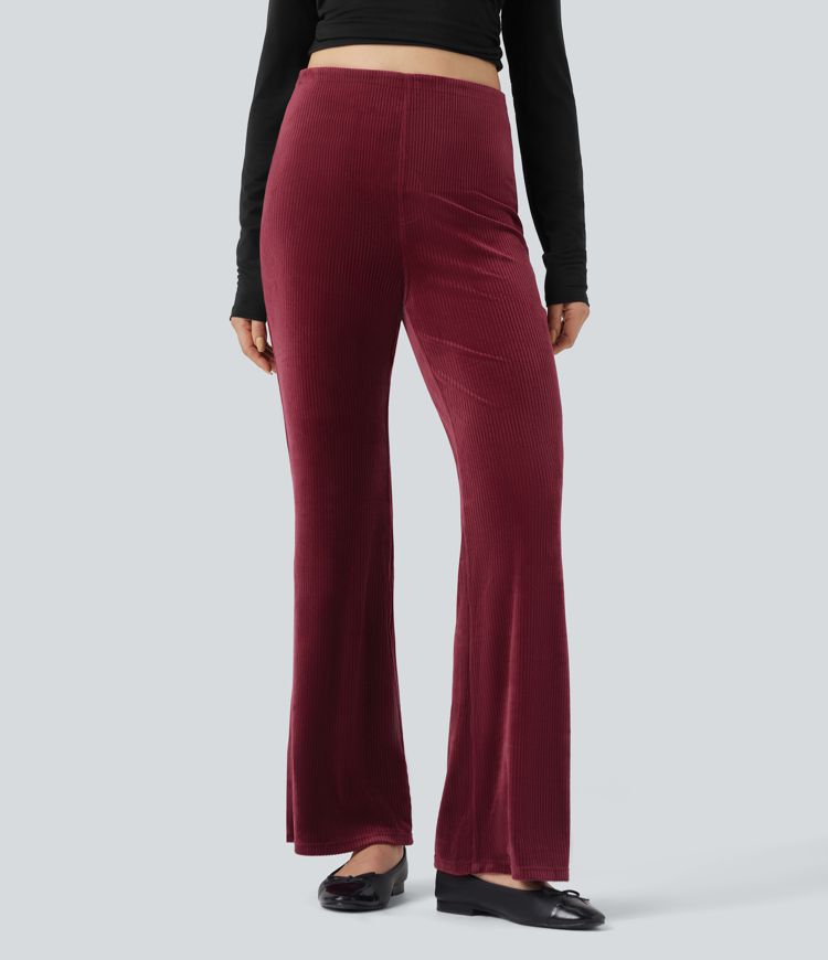 Pantalon évasé décontracté à taille haute avec contrôle du ventre et poches, en velours côtelé