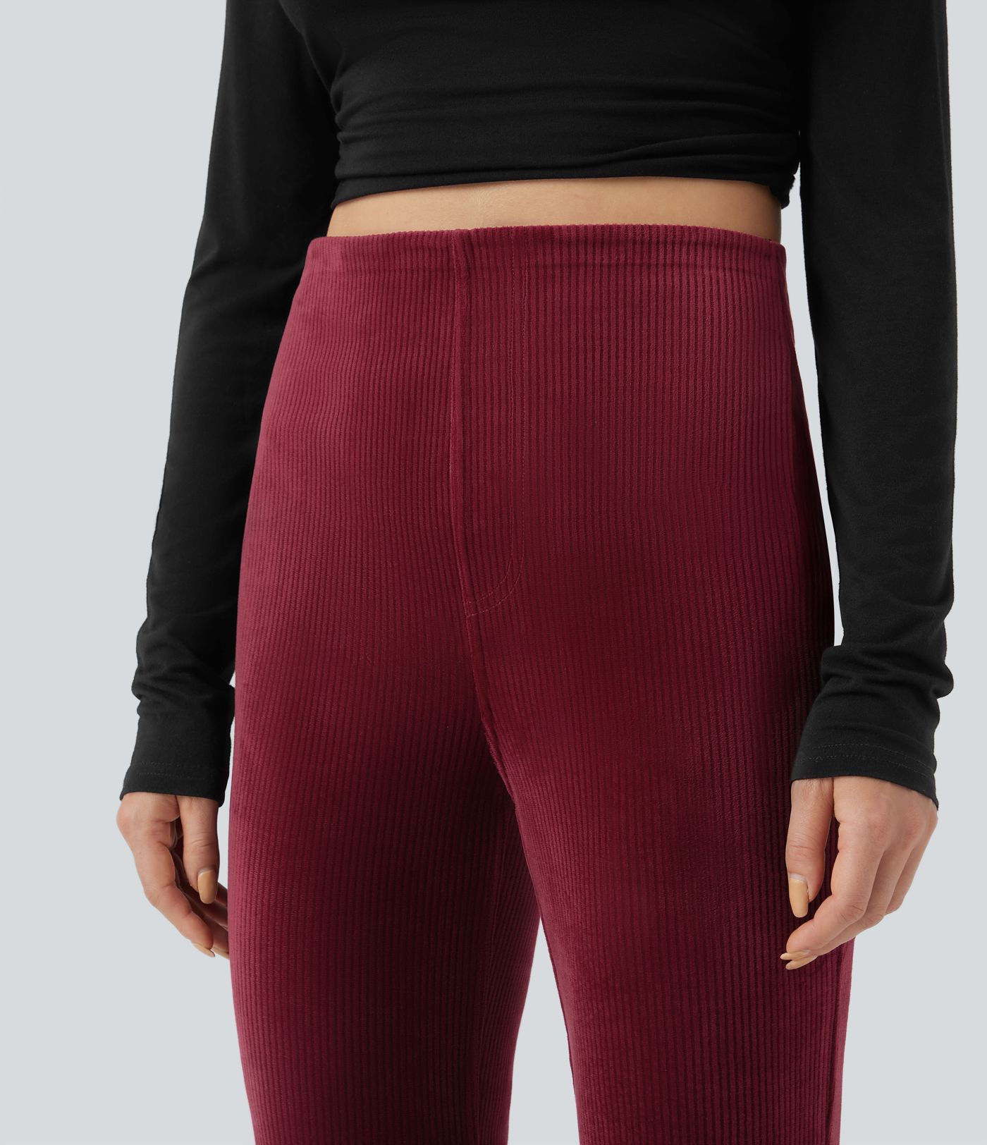 Pantalon évasé décontracté à taille haute avec contrôle du ventre et poches, en velours côtelé