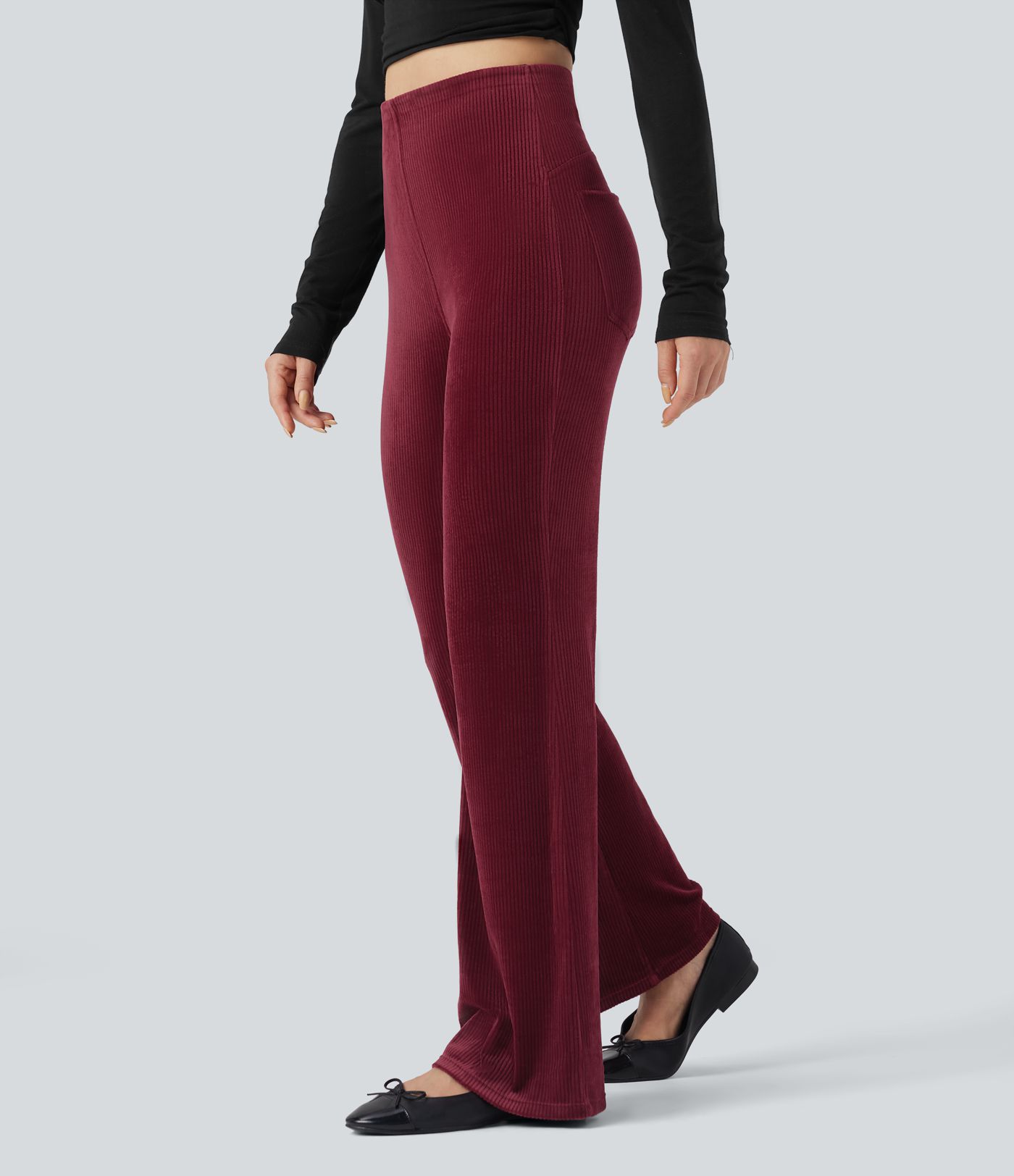 Pantalon évasé décontracté à taille haute avec contrôle du ventre et poches, en velours côtelé