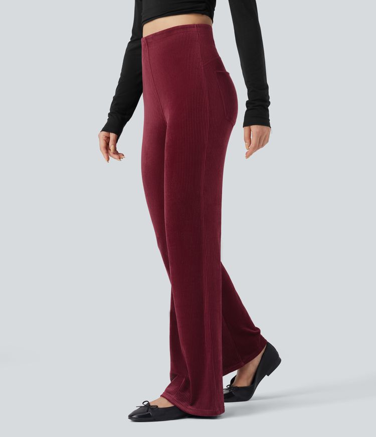 Pantalon évasé décontracté à taille haute avec contrôle du ventre et poches, en velours côtelé