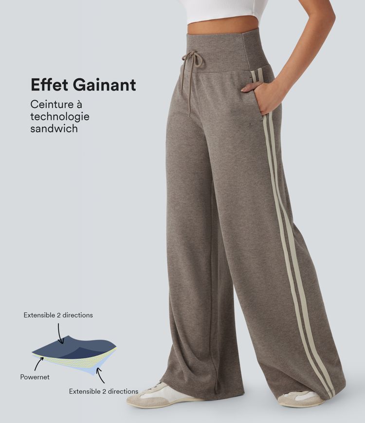 Pantalon casual côtelé SoCinched taille haute gainant large fluide color block avec cordon de serrage et poches latérales