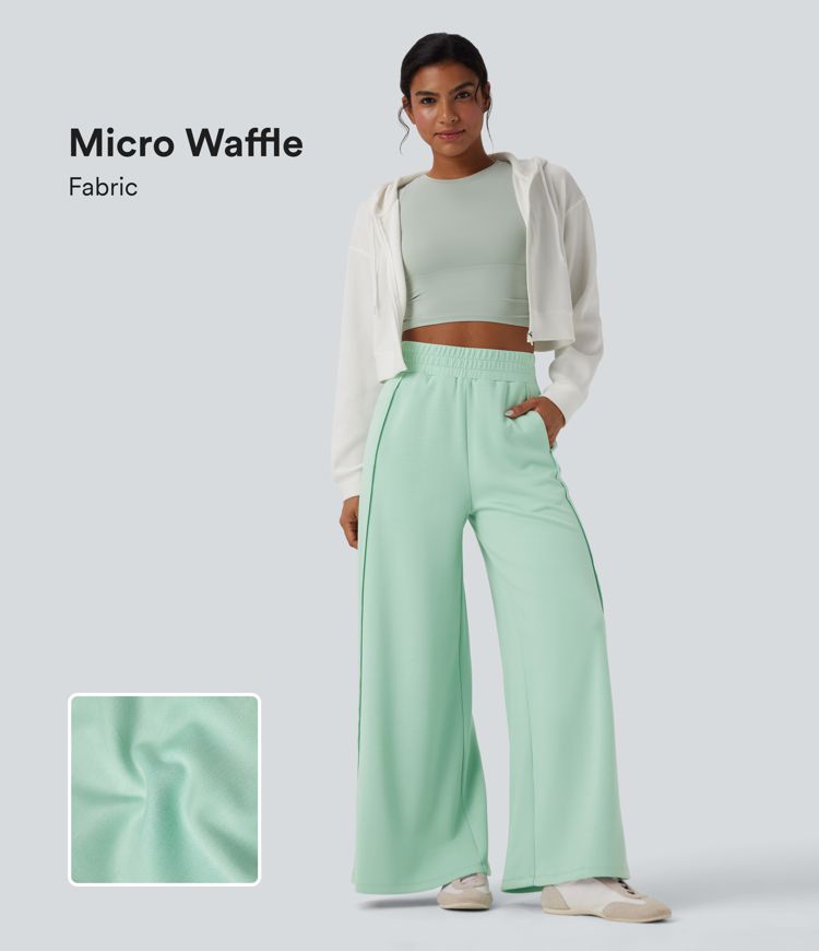 High Waisted Wide Leg Micro Waffle Casual Pants with Pockets