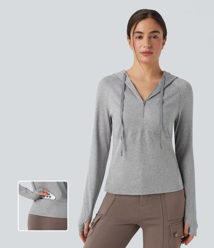 Hooded Drawstring Long Sleeve Thumb Hole Hiking Sports Sweatshirt with Pocket