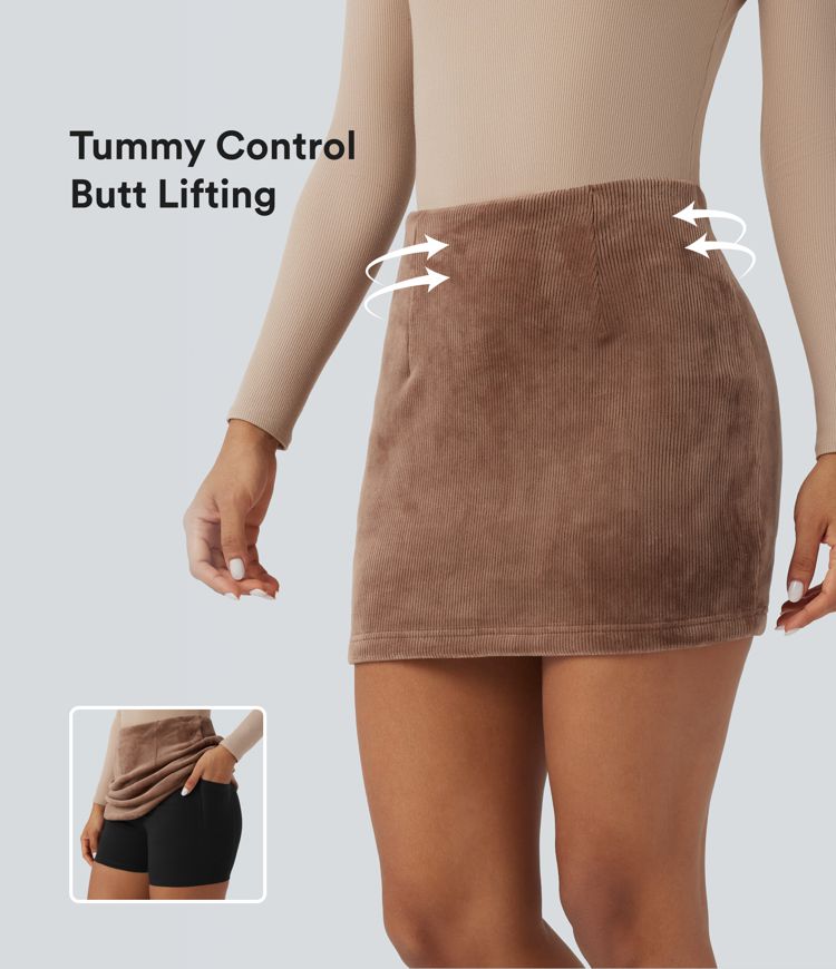 High Waisted Tummy Control Butt Lifting Corduroy Bodycon Mini Casual Skirt with Pockets