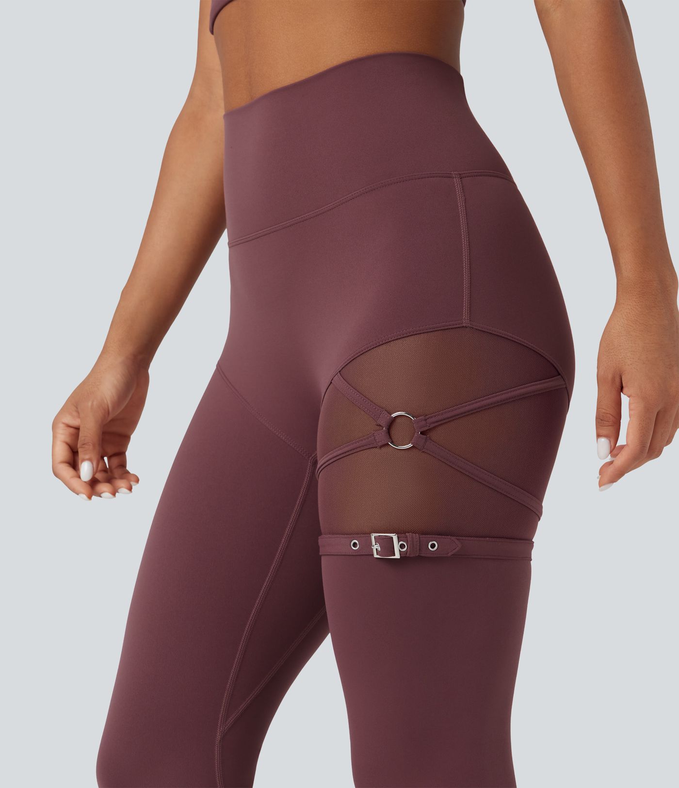 SoftlyZero™ High Waisted Contrast Mesh Adjustable Buckle Dance Leggings with Pocket-UPF50+