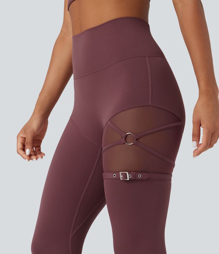 SoftlyZero™ High Waisted Contrast Mesh Adjustable Buckle Dance Leggings with Pocket-UPF50+