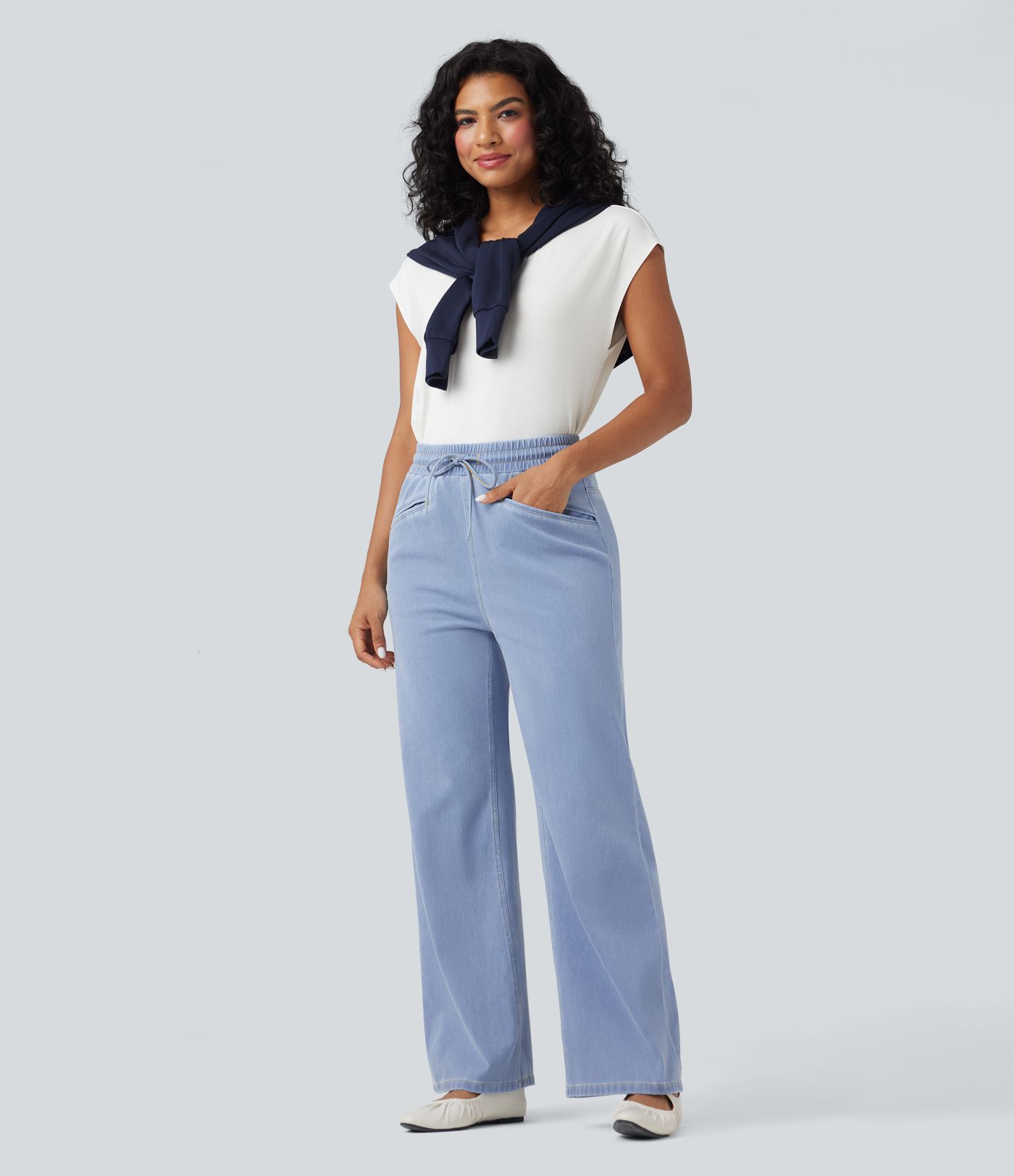 Halara Flex™ High Waisted Drawstring Wide Leg Cool Touch Stretchy Knit Casual Sweatpants Jeans with Pockets