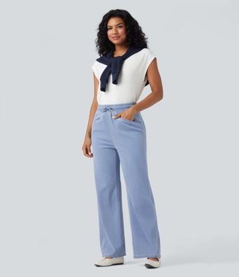 Halara Flex™ High Waisted Drawstring Wide Leg Cool Touch Stretchy Knit Casual Sweatpants Jeans with Pockets