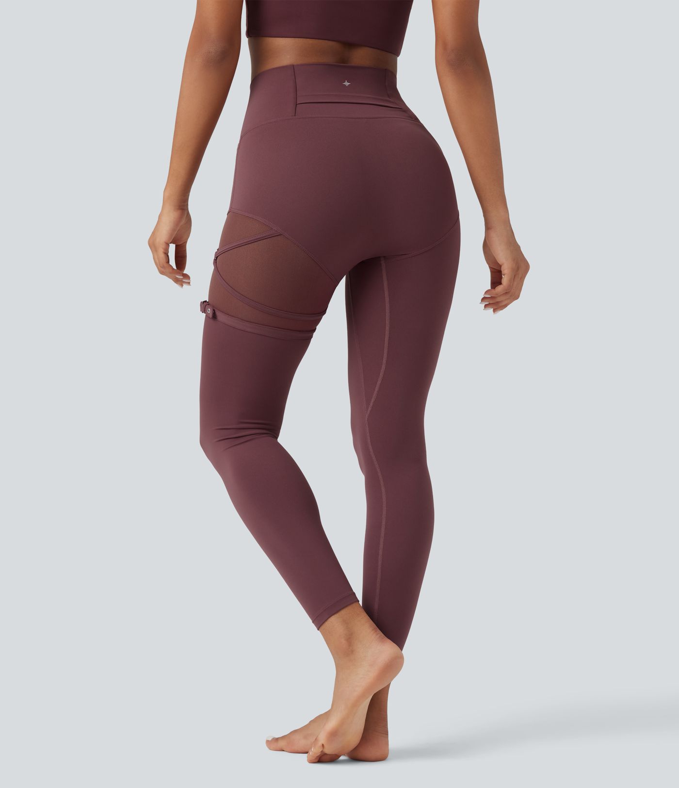SoftlyZero™ High Waisted Contrast Mesh Adjustable Buckle Dance Leggings with Pocket-UPF50+