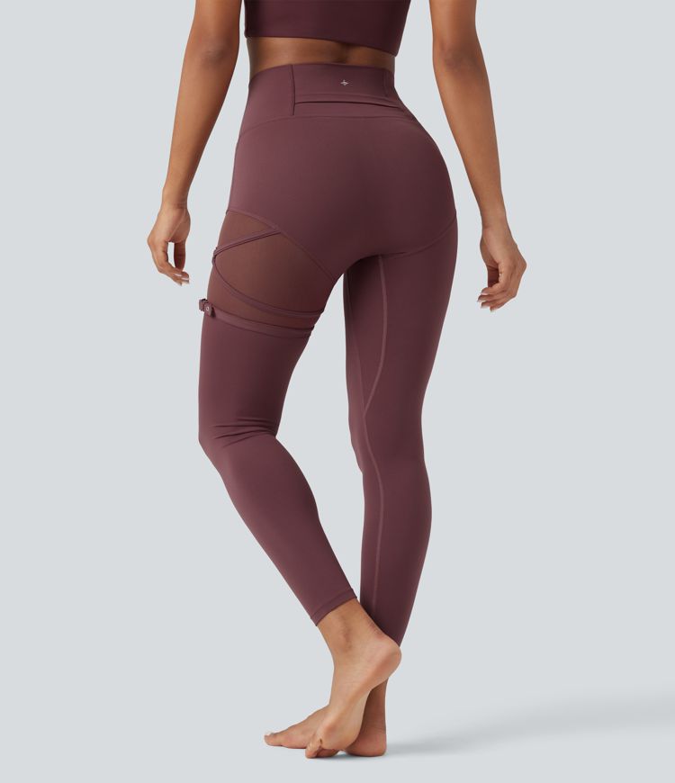SoftlyZero™ High Waisted Contrast Mesh Adjustable Buckle Dance Leggings with Pocket-UPF50+