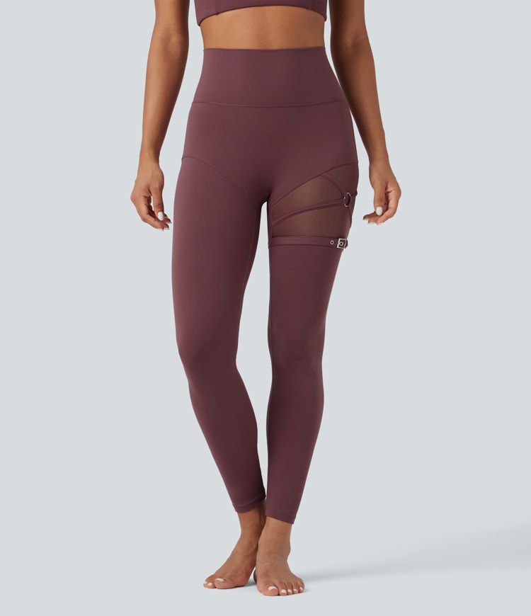 SoftlyZero™ High Waisted Contrast Mesh Adjustable Buckle Dance Leggings with Pocket-UPF50+