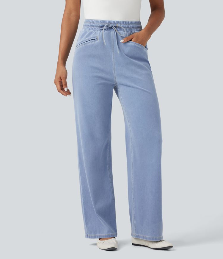 Halara Flex™ High Waisted Drawstring Wide Leg Cool Touch Stretchy Knit Casual Sweatpants Jeans with Pockets