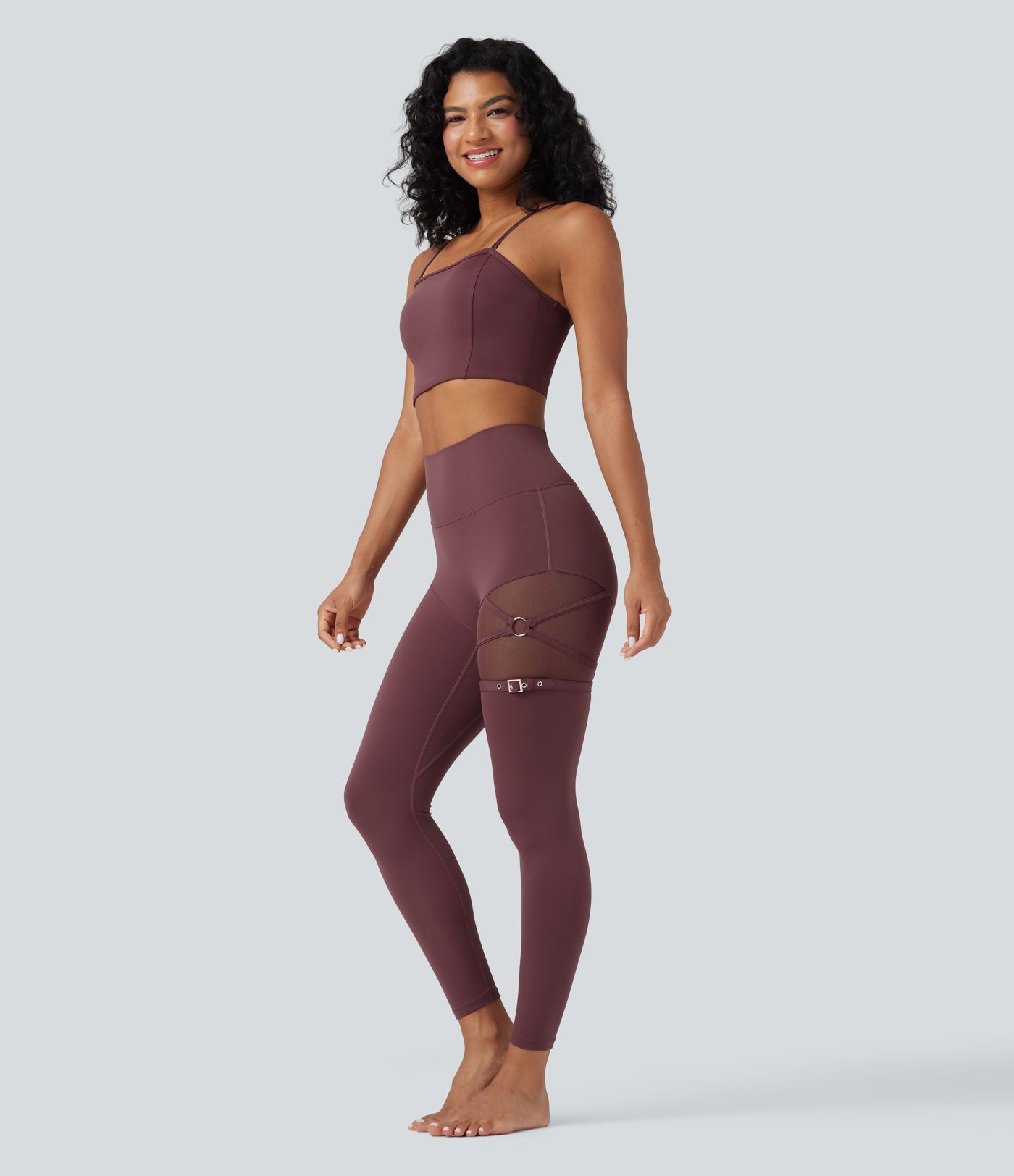 SoftlyZero™ High Waisted Contrast Mesh Adjustable Buckle Dance Leggings with Pocket-UPF50+