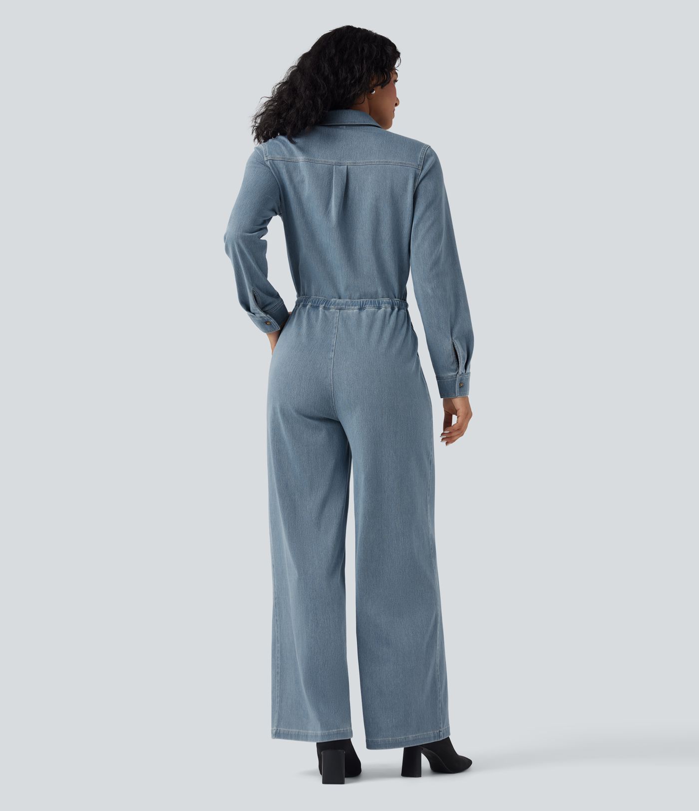 Halara Flex™ Long Sleeve Drawstring Wide Leg Washed Denim Casual Jumpsuit with Pockets-Easy Peezy Edition