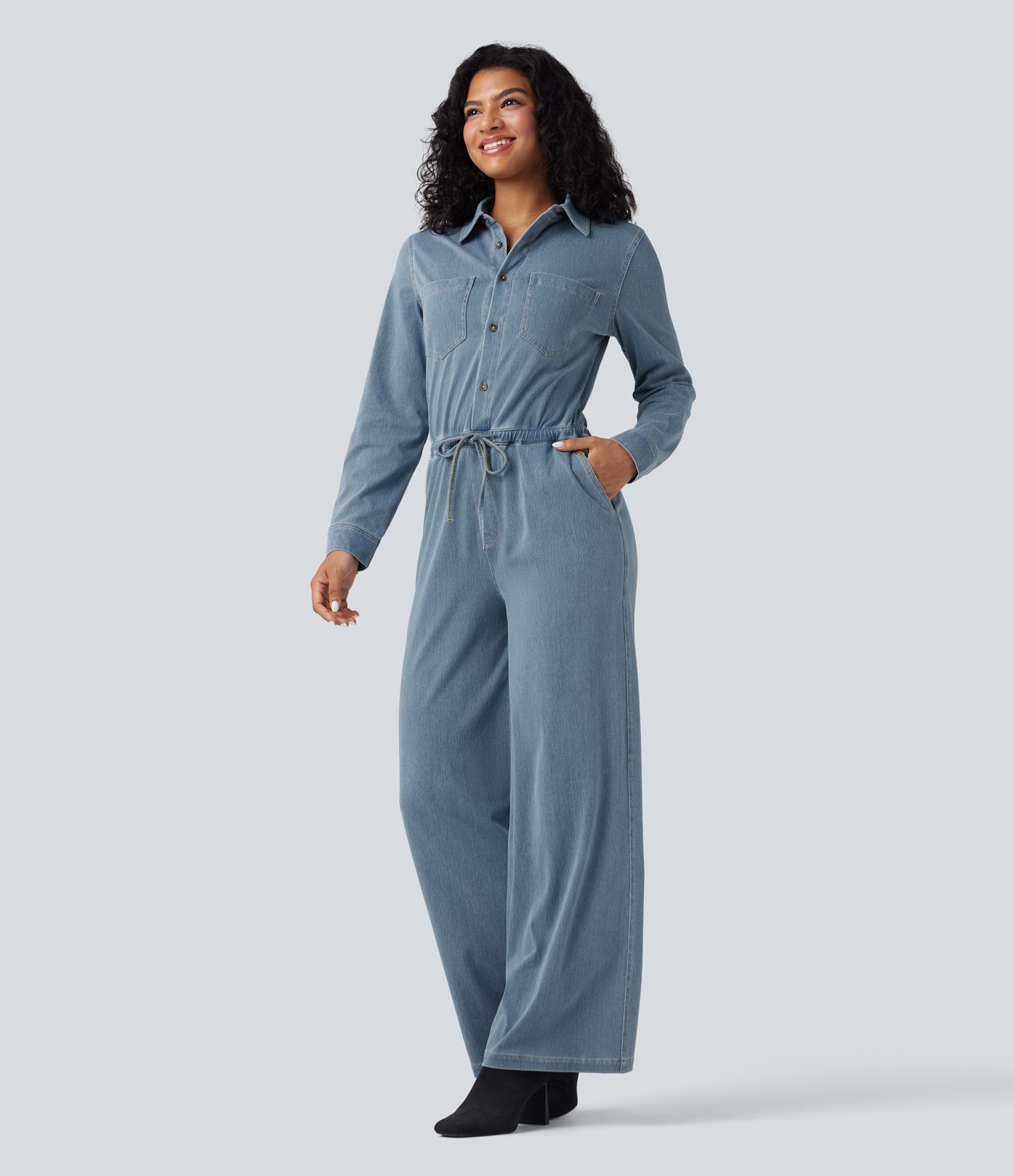Halara Flex™ Long Sleeve Drawstring Wide Leg Washed Denim Casual Jumpsuit with Pockets-Easy Peezy Edition